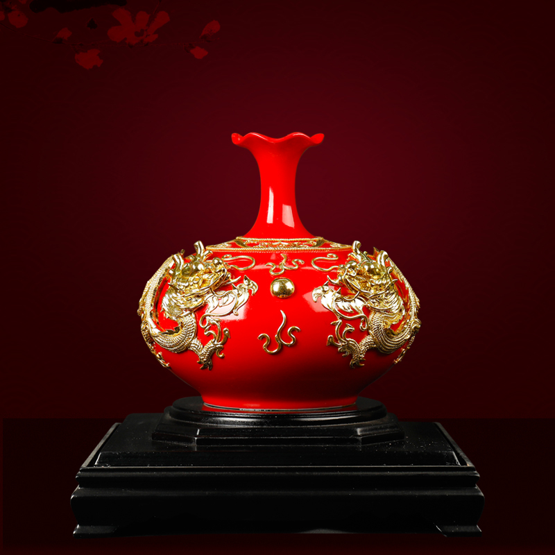 漆线雕工艺摆件中国红荷花瓶中国红瓷开业赠品商务送礼厦门特色