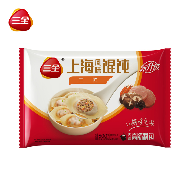 三全速冻馄饨上海风味馄饨三鲜云吞早餐方便速食高汤料包40只500g